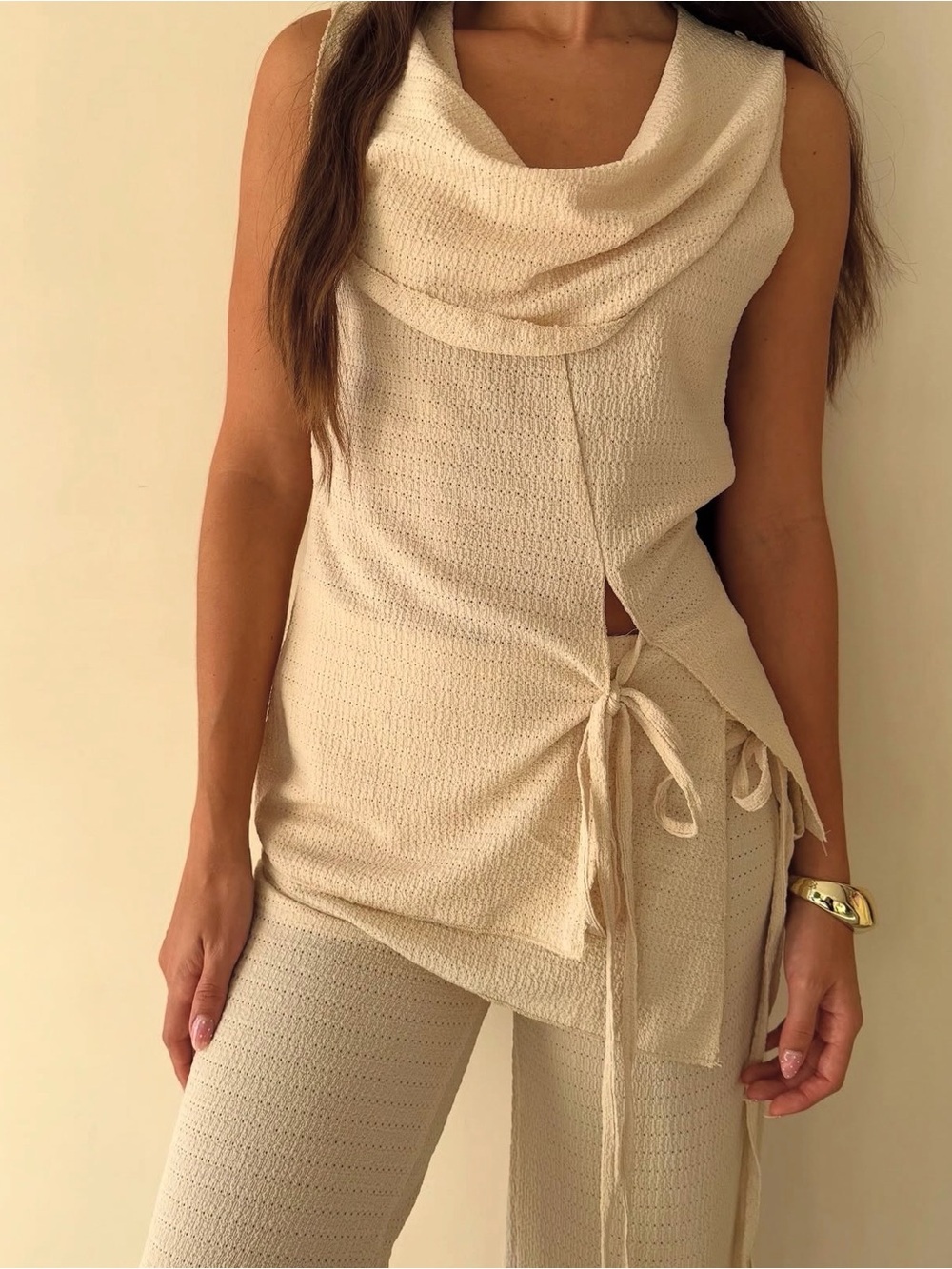Cream Knit Cowl Neck Tunic with Side Tie